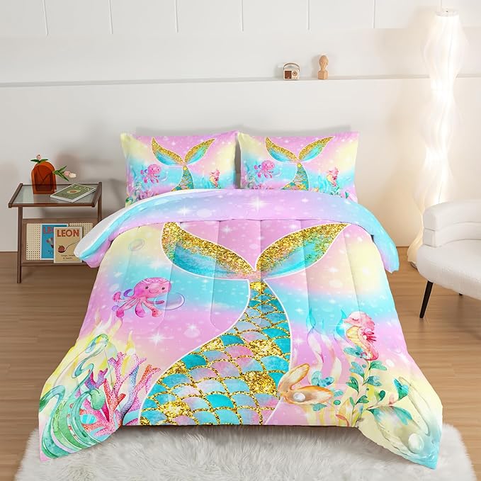HOSIMA Mermaid Comforter with 2 Pillowcases,Girly Rainbow Bedding Set Mermaid Tail Comforter,Glitter Gold Fish Scales Full Size Bed in a Bag Set,Cute Sea Animal Octopus Seahorse Comforter.