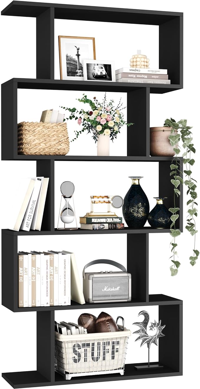Yusong Bookshelf 5-Tier, Geometric Bookcase S Shaped Book Shelves for Bedroom, Modern Wood Decorative Display Shelf Book Case for Home Office, Black