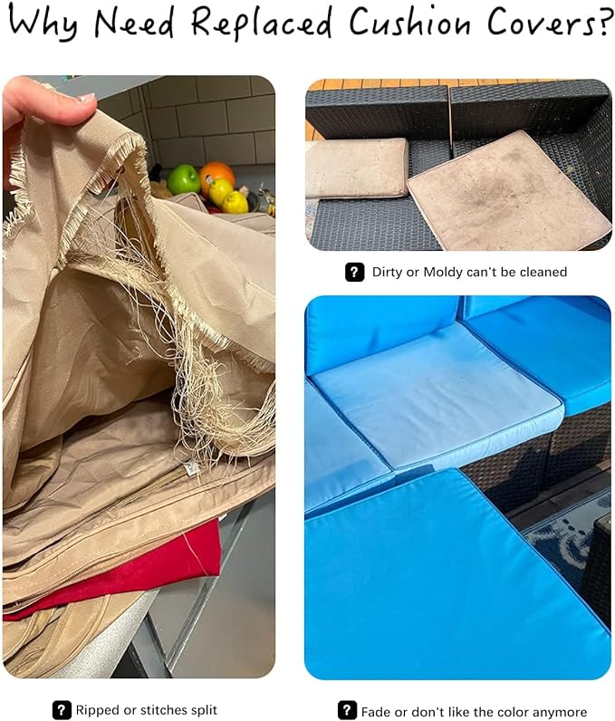 ClawsCover 3Pack Outdoor Seat Cushions Replacement Covers Fit for 4 Pieces Wicker Rattan Furniture Patio Conversation Set Loveseat Chair, 38x19x2,19x19x2,Light Khaki-Large(Include Cover Only)