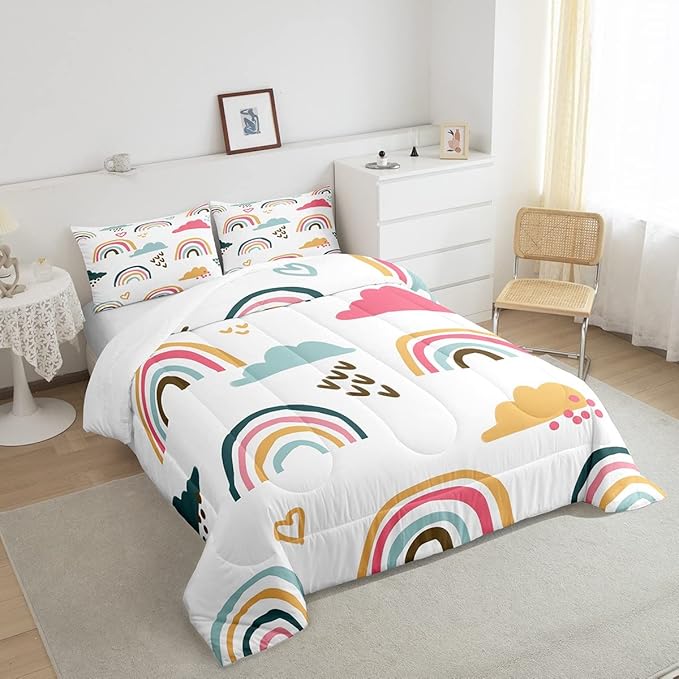 Rainbow Bedding Twin for Girls,Cartoon Rainbow Comforter Sets for Toddler,Cute Rainbow Cloud Doodle Duvet Insert Kids Gift,Kawaii Colorful Down Comforter Warm with 1 Pillowcase Bedroom Decor