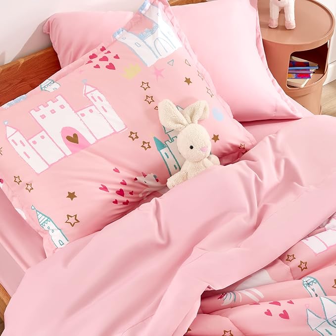 SLEEP ZONE Kids Bedding Comforter Set Full/Queen Size - Super Cute & Soft Kids Bedding 7 Pieces Set with Comforter, Sheet, Pillowcase & Sham (Unicorn Castle)