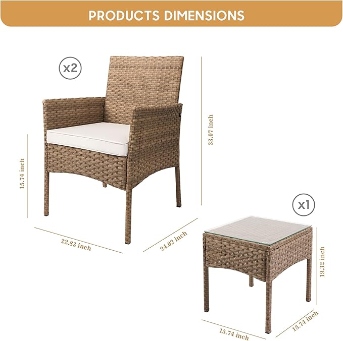 YIYAN 3 Pieces Patio Bistro Set Outdoor Wicker Furniture Outdoor Porch PE Rattan Wicker Chairs Furniture Sets with Sofa Chairs,Glass Coffee Table and White Washable Cushion