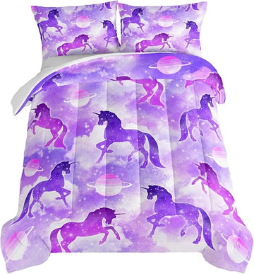 HOSIMA Purple Unicorn Bedding Sets for Girls Kids,3 Piece Soft Microfiber Galaxy Comforter Princess Crib Bedding Set Unicorn Bedroom Decor for Girls Room,Planet Cloud Full Size Bed in a Bag.