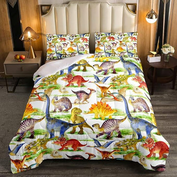 Erosebridal Dinosaur Comforter Set Kawaii Dino Bedding Set for Kids Girls Boys Teens Bedroom Decor, Retro Animal Duvet Insert Watercolor Wildlife Soft Microfiber Quilt with 2 Pillow Cases, Queen