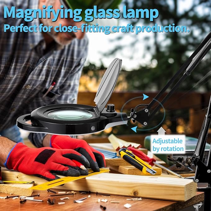 10X Magnifying Lamp with Clamp, KIRKAS 2200 LM Super Bright and Stepless Dimming Magnifying Glass with Light, Real Glass Lens Lighted Magnifier Light for Close Work, Crafts, Reading, Repair - Black