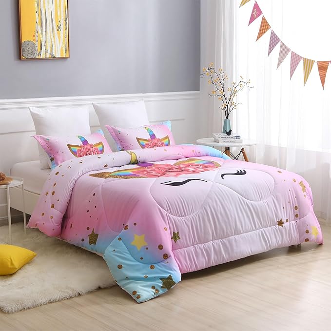 Unicorn Queen Bedding Sets for Girls Kids Comforter Set Queen Size with 2 Pillowcases Pink and Rainbow Unicorn Room Decor for Girls Bedroom Ultra Soft Machine Washable Toddler Bed Set