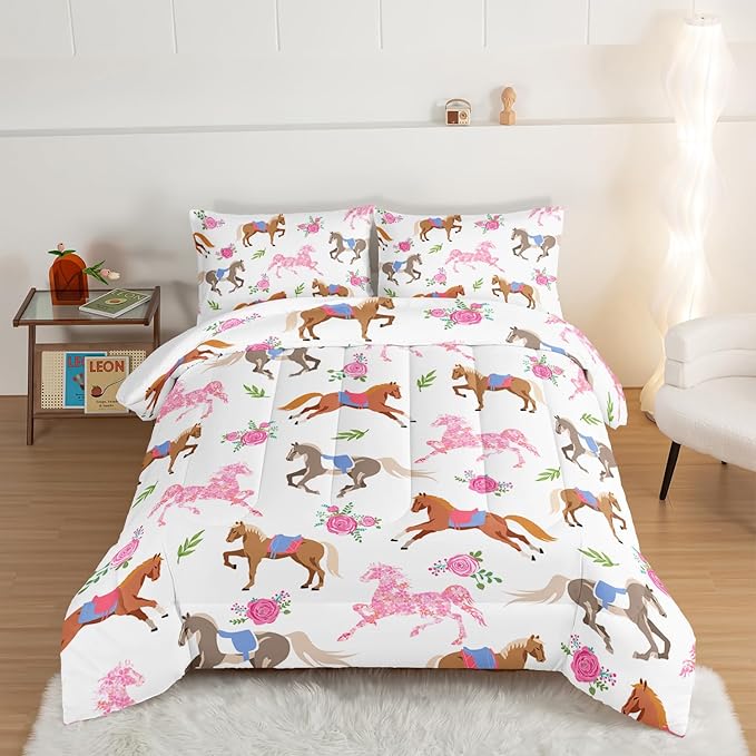 HOSIMA Kawaii Pink Rose Horse Full Size Comforter Sets,Cute Animal Horse Bedding Girls Teens Aesthetic Room Decor,Princess Toddler Bedding Set Cowboy Cowgirl Colorful Pony Full Size Bed in a Bag.