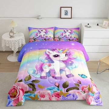 Cute Unicorn Kids Comforter Set King Size,Rainbow Starry Sky Roses Dreamy Bedding Set,Girls Women Room Decor,Cartoon Animals Flowers Down Comforter,Pink Purple Unique Duvet Insert,2 Pillowcases