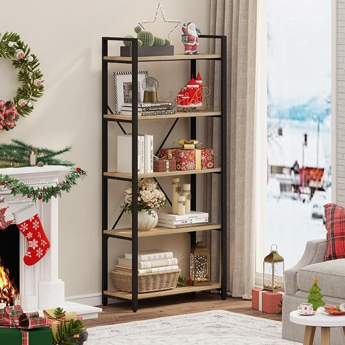 FATORRI 5 Tier Bookshelf, Industrial Wood and Metal Book Shelves for Display, Tall Etagere Bookcase and Rustic Shelving Unit (Rustic Oak)