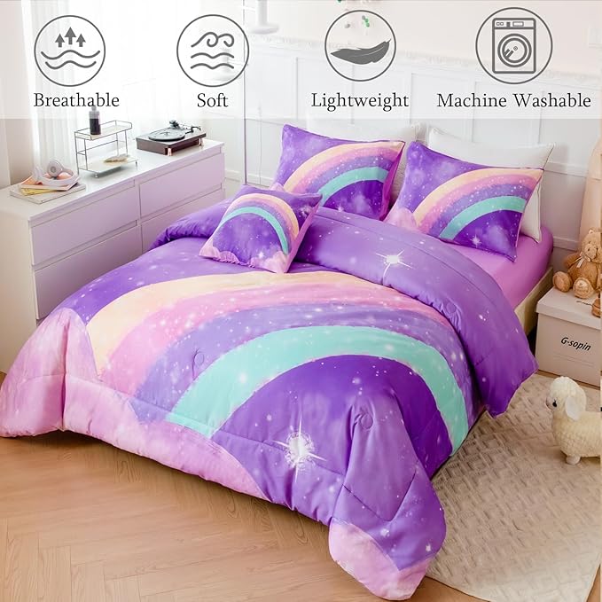 Purple Rainbow Girls Comforter Set Twin, 6 Pieces Gradient Glitter Bedding Sets for Girls Kids, 3D Galaxy Nebula Kids Girls Bed Set with Sheets for All Season