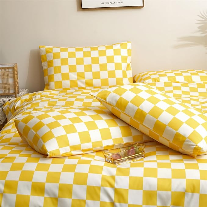 Yellow White Grid Comforter Set Full Yellow Plaid Bedding Set Girls Yellow and White Checkered Bed Comforter Set Breathable Blanket Set Kids Durable Bedding Comforter Set