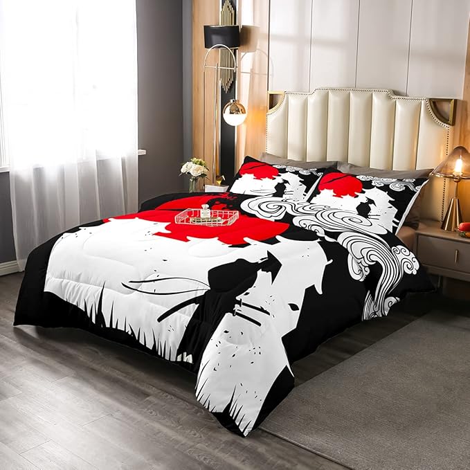 Erosebridal Samurai Comforter Set Queen Size, Sunset Print Down Comforter, Japan Quilted Duvet, Building Silhouette Breathable Quilt Set, Japanese Ukiyoe Bedding Set, Ultra Lightweight