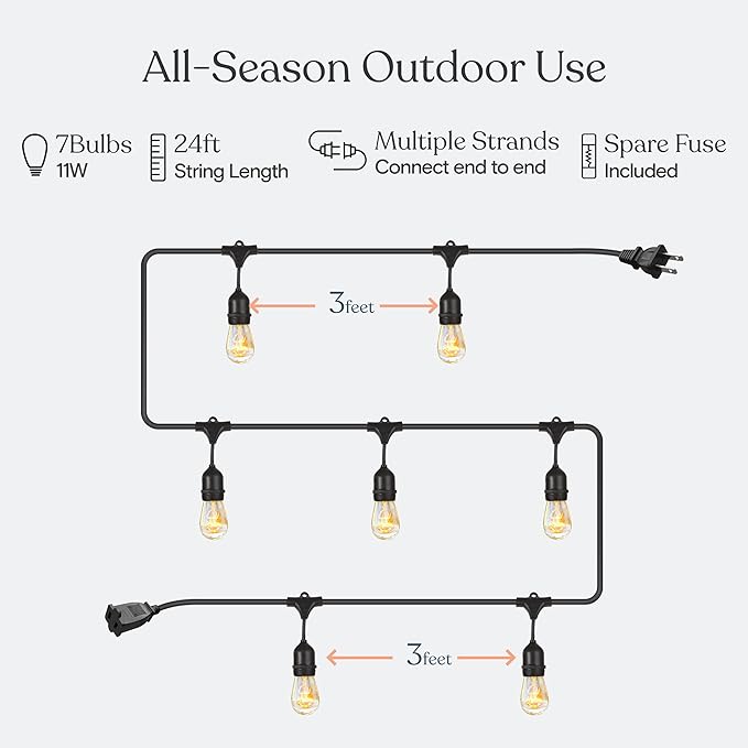 Brightech Ambience Pro Incandescent Outdoor String Lights - Commercial Grade Waterproof Patio Lights with 24 Ft Dimmable Edison Bulbs, Porch String Lights for Patio, Backyard, Christmas - 7 Bulbs 11W