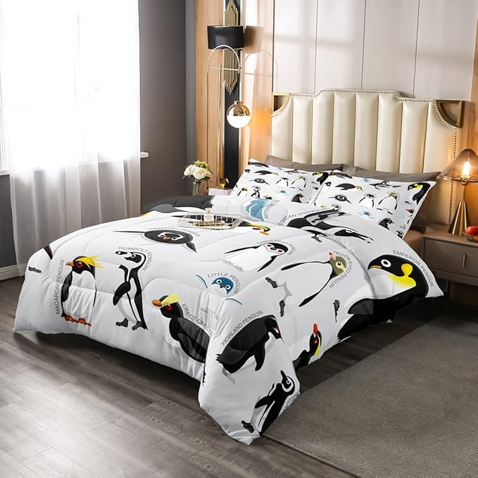 Erosebridal Penguin Comforter Set Full Size,Black White Penguins Bedding Set Cute Animal Down Comforter for Kids Boys Girls Teens,Wildlife Grey Bedding Quilted Sets with 2 Pillow Cases Bedroom Decor