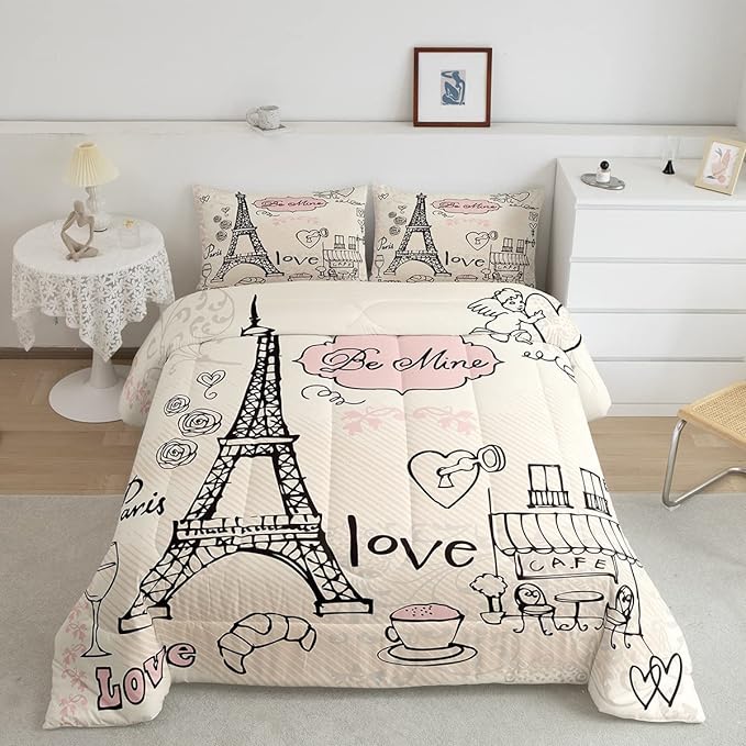 Feelyou Eiffel Tower Comforter Set Paris Tower Comforter for Girls Romantic Rose Chic Paris Bedding Set Paris Cityscape Printed Heart Love Duvet Set Room Decor Quilt King Boys