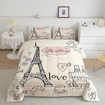 Feelyou Eiffel Tower Comforter Set King Paris Tower Comforter for Girls Romantic Rose Chic Paris Theme Bedding Set Paris Cityscape Printed Heart Love Duvet Set Room Decor Quilt Set Twin