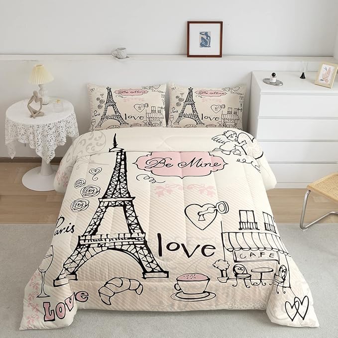 Feelyou Eiffel Tower Comforter Set King Paris Tower Comforter for Girls Romantic Rose Chic Paris Theme Bedding Set Paris Cityscape Printed Heart Love Duvet Set Room Decor Quilt Set Twin