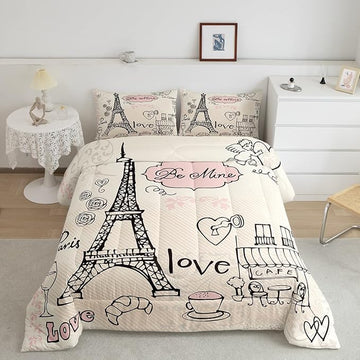Feelyou Eiffel Tower Comforter Set King Paris Tower Comforter for Girls Romantic Rose Chic Paris Theme Bedding Set Paris Cityscape Printed Heart Love Duvet Set Room Decor Quilt Set Full