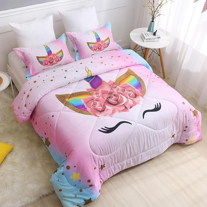 Unicorn Queen Bedding Sets for Girls Kids Comforter Set Queen Size with 2 Pillowcases Pink and Rainbow Unicorn Room Decor for Girls Bedroom Ultra Soft Machine Washable Toddler Bed Set