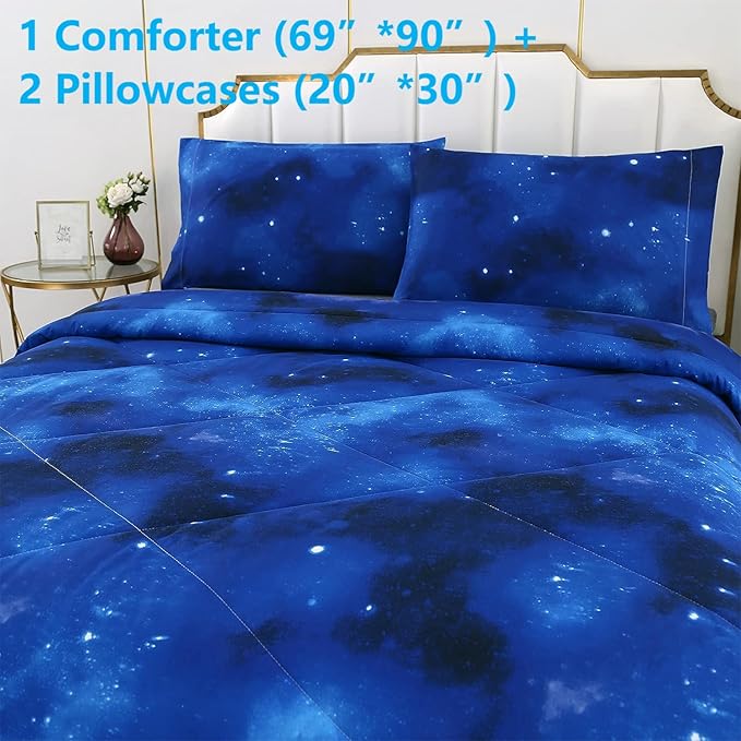 3PCS Blue Galaxy Twin Comforter Set, Bed in a Bag Space Twin Quilt Bedding Set, Hotel Luxury, Summer Cute Comforter Twin for Boys Girls Toddler Kids and Teens, Twin