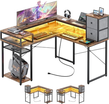 armocity L Shaped Desk with Drawers, Reversible Corner Computer Desk with LED Light & Power Outlet, 55.2'' L-Shaped Gaming Desk with Long Monitor Shelf, Home Office Desk for Small Corner Space, Rustic
