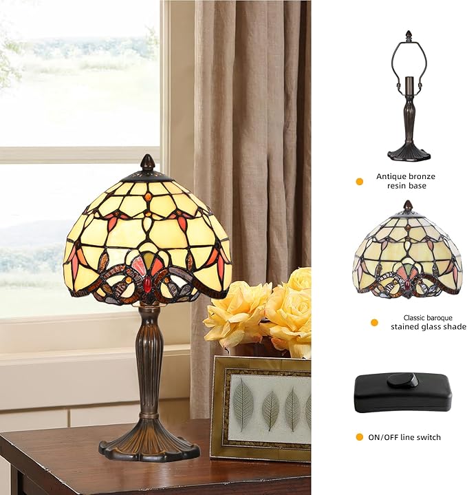 Tiffany Lamp Baroque Design Stained Glass Table Lamp for Living Room Bedroom Bedside Nightstand Home Office (Beige Baroque)