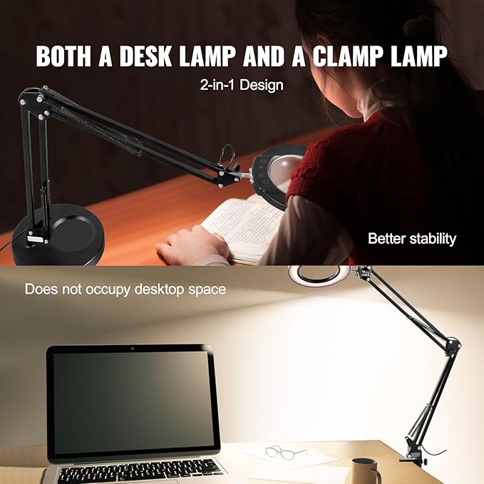 VEVOR Magnifying Glass with Light and Stand, 5X Magnifying Lamp, 4.3" Glass Lens, Base and Clamp 2-in-1 Desk Magnifier with Light, 64 LED Lights 5 Color Modes, for Close Work Reading Repair Crafts