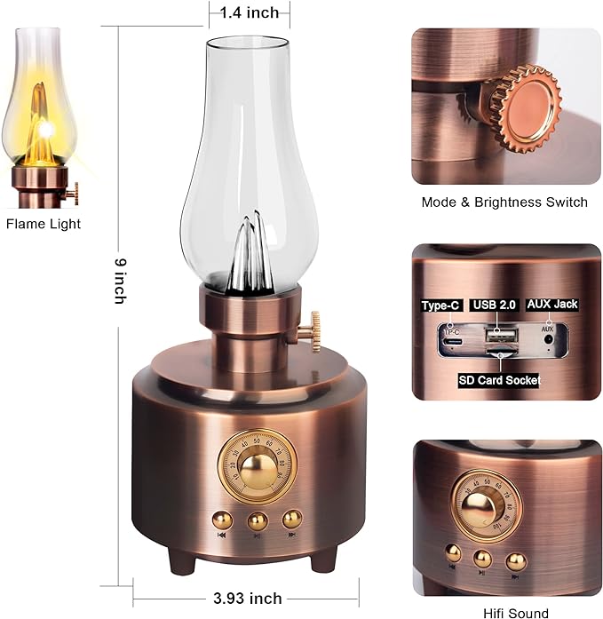 Vintage Table Lamp Retro Bluetooth Speaker Rechargeable Portable Night Light Flameless LED Oil Lamp Bedside Desk Lamp for Bedroom, Cafe, Bar, Desk Decor, Outdoor Camping Birthday Gifts for Kids Women