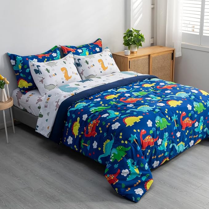 Wajade 7 Piece Kid Boys Dinosaur Comforter Set Twin Size 3D Blue Dinosaur Wild Park Jungle Print Bedding Set with Comforter, Sheet Set, Pillowcase and Sham