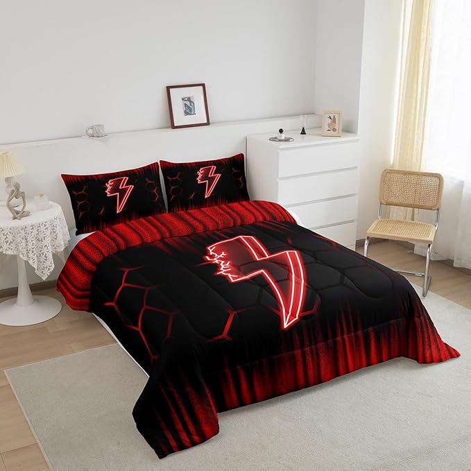 Feelyou Game Flash Bedding Set Queen Size Boys Girls Ombre Comforter Set for Kids Honeycomb Comforter Red Black Duvet Set Room Decor Quilt Set