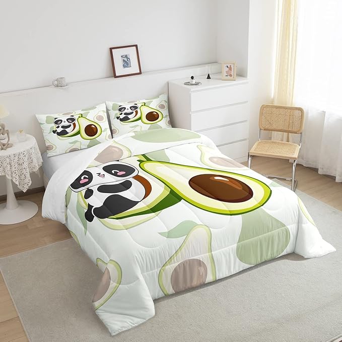 Erosebridal Panda Comforter Set King,Avocado Bedding Set Cute Black White Panda Bedding Bear Cat Bedding Comforter for Kids Boys Girls Green Tropical Fruit Quilt Duvet Set Room Decor 2 Pillow Cases
