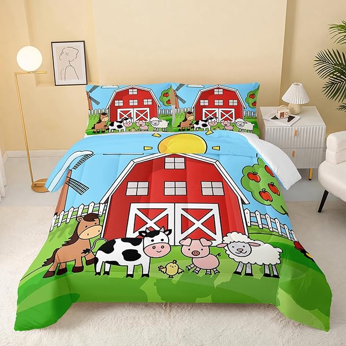 Farm Animals Comforter,Farmhouse Comforter Set for Kids Teens Girls Boys,Cartoon Animals 3Pcs Bedding Set Printed Comforter with 2 Pillowcases,Down Alternative,Soft and Lightweight，Twin Size