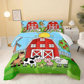 Farm Animals Comforter,Farmhouse Comforter Set for Kids Teens Girls Boys,Cartoon Animals 3Pcs Bedding Set Printed Comforter with 2 Pillowcases,Down Alternative,Soft and Lightweight，King Size