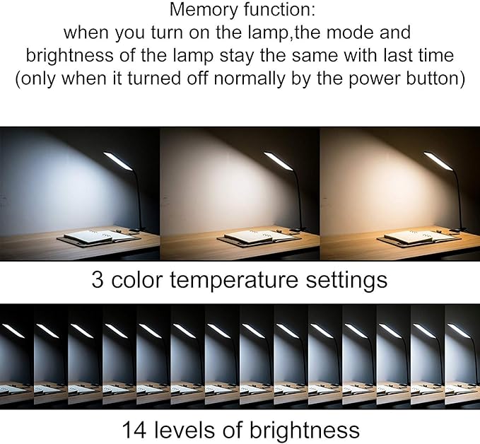 LED Desk Lamp Dimmable Eye-Care Reading Light Office Light Adjustable 3 Color Modes,14 Brightness Levels, Gooseneck Flexible Clip-on Light for Studying, 5W-Black