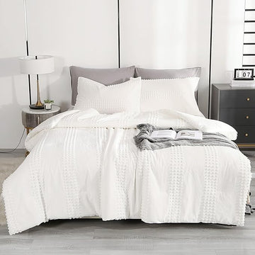 ENJOHOS Girls Twin Bedding Set White Twin XL Comforter, 3 PCS Boho Comforter with Tufted Dots, Shabby Chic Bedding Comforter for All Season, Lightweight Fluffy Microfiber Comforter with 2 Pillowcases