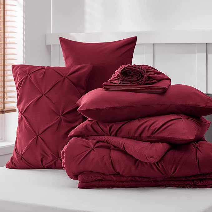Bedsure Red Comforter Set King - Bedding Set King 7 Pieces, Pintuck Bed in a Bag Burgundy Bed Set with Comforter, Sheets, Pillowcases & Shams
