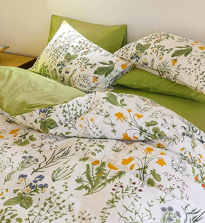 Botanical Comforter Set King White and Sage Green Floral Plant Bedding Set Garden Pattern Printed on White Women Reversible Blanket 3 PCs Girls Breathable White Floral Bed Comforter Set