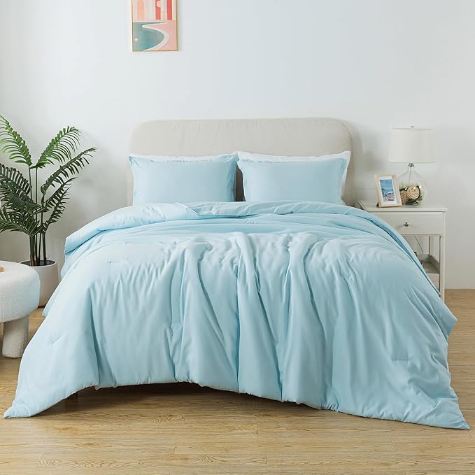 Baby Blue Comforter Set Twin Size, Solid Lightweight Down Alternative Soft Boho Bedding Comforter Set, Breathable Fluffy Microfiber Skin-friendly Comforter (68"x90") for All Seasons