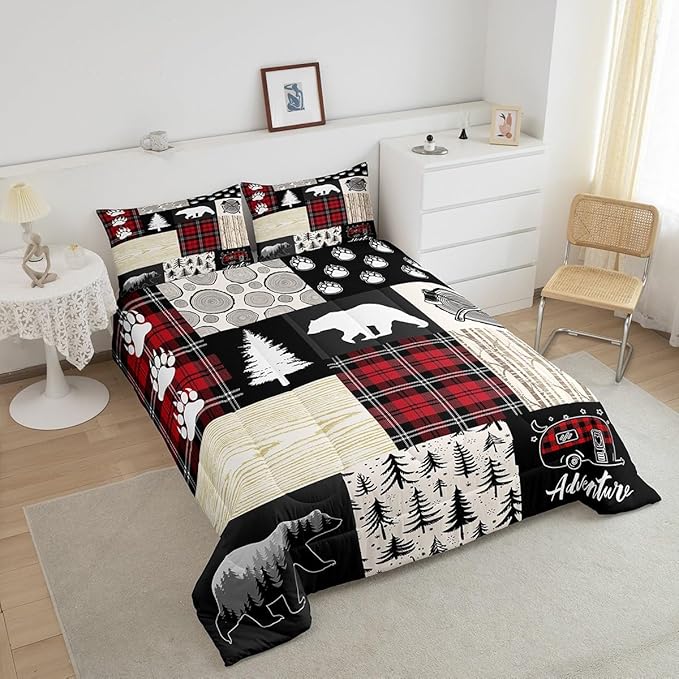 Bear Comforter Set Full Size,Pine Trees Animals Hunting Bedding Set for Kids Boys Girls Adults Room Decor,Camping Adventure Rustic Farmhouse Down Comforter,Red Plaids Duvet Insert,2 Pillowcases