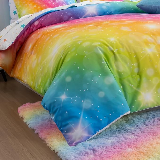 A Nice Night 6Pcs Gradient Glitter Bedding Set for Girls, Colorful Rainbow Galaxy Comforter Set, Ultra Soft Bedding Sets (Multi,Twin 6Pcs)