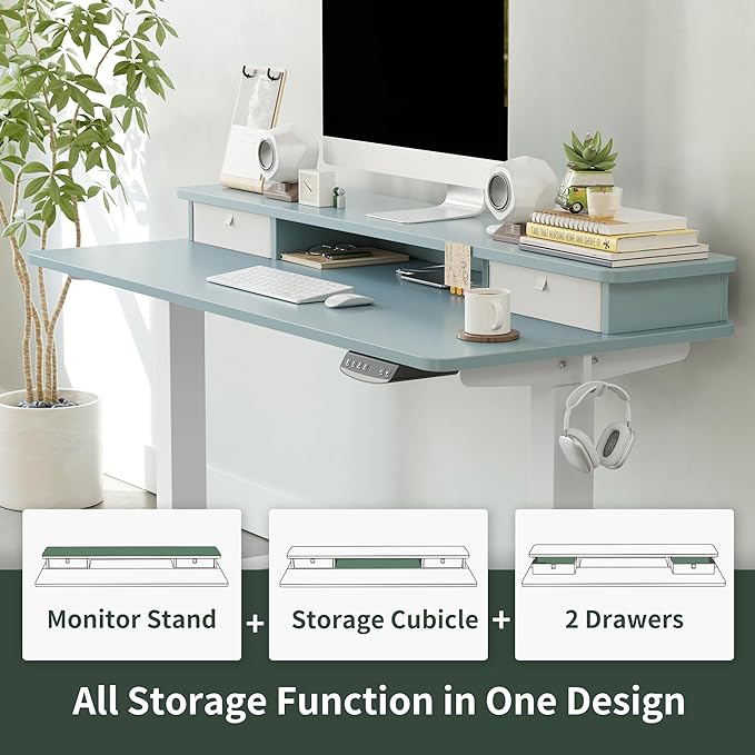 FEZIBO 48 x 24 Inch Height Adjustable Electric Standing Desk with Double Drawer, Stand Up Desk with Storage Shelf, Sit Stand Desk, Blue