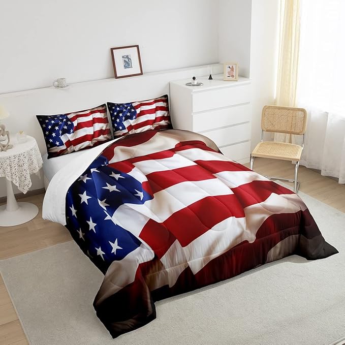 Erosebridal American Flag Comforter Set, United States Down Comforter Queen Size for Kids Boys Teens, USA Federations Stars Bedding Set Geometric Stripes Quilted Duvet for Bedroom, Blue White and Red