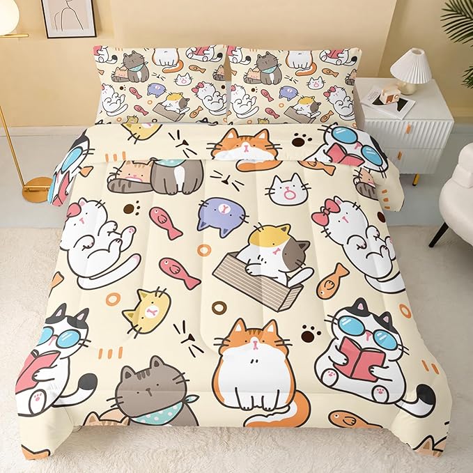 Kawaii Cat Comforter Queen,Kawaii Animals Comforter Set for Kids Teens Girls,3Pcs Bedding Set Printed Comforter with 2 Pillowcases,Down Alternative,Soft and Lightweight，Queen Size