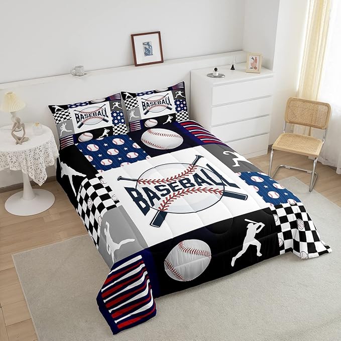 Kids Baseball Comforter Set Full Size Bed,Teen Boys Sports Baseball Bedding Set Sport Baseball Quilt Set Patchwork Geometric Checkered Soft Lightweight Comforter Balck White Navy Blue 2 Pillowcases