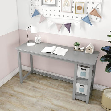 Max & Lily Solid Wood Desk With Shelves, 55 Inches, Grey