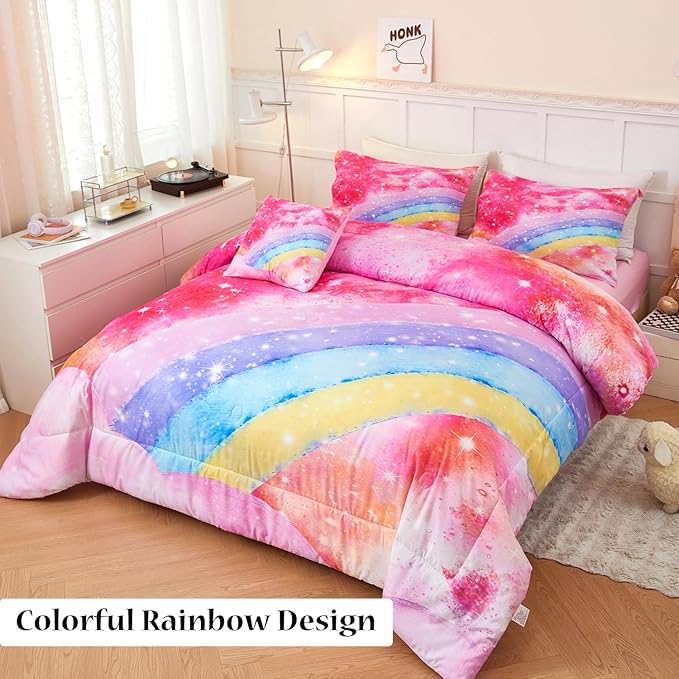 Rainbow Twin Size Comforter Set for Girls 6 Pieces Sparkle Tie Dye Pink Girls Bedding Comforter Sets Galaxy Kids Bed Comforter Sets Gradient Glitter Soft Bed in A Bag with Sheets