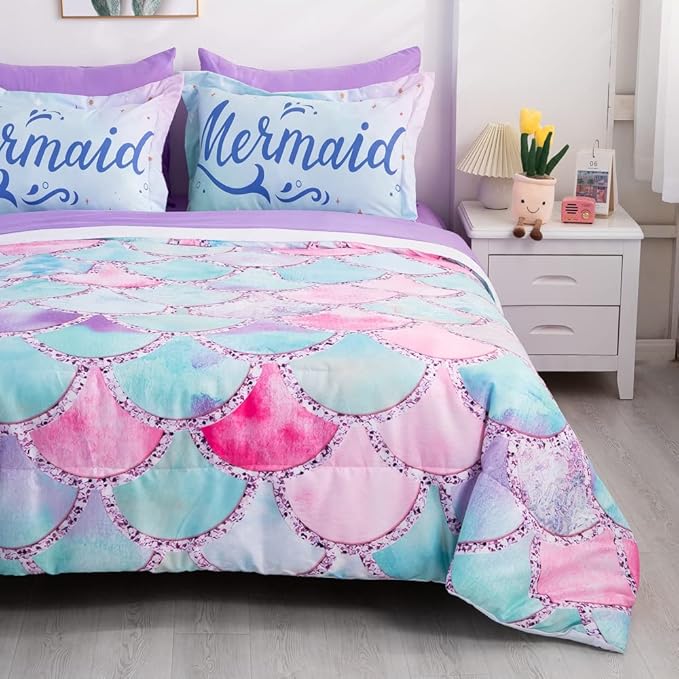 Wajade Kid Mermaid Scale Comforter Bedding Set Queen Size, Colorful Rainbow 3D Fish Scale 7 Pieces Soft Bedding Sets with Comforter, Sheet, Pillowcase and Sham for Girls