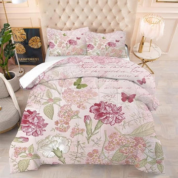 kxry Pink Flower Comforter Sets Butterfly Bedding Sets Twin Size Comforter Set for Girls Women Kids 1 Comforter + 1 Pillow Case