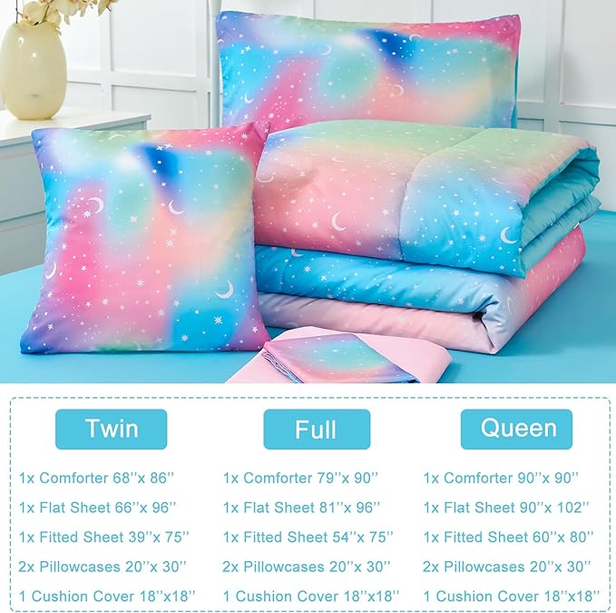 URBONUR Girls Full Bedding Set 6 Pieces Rainbow Comforter Set Full Size Multicolor Stars Printed Bed in a Bag, Soft & Fluffy Kids Bed Sets