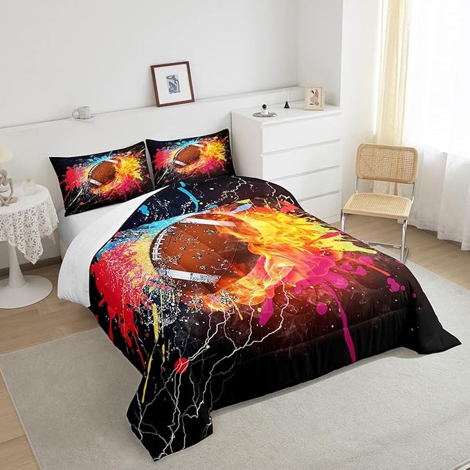 Erosebridal Football Comforter Set for Teen Boys Kids Hippie Tie Dye Sports Football Bedding Sets Rugby Bed Quilt Set King Size 1 Comforter and 2 Pillow Cases Colorful Sport Theme Bedroom Decor